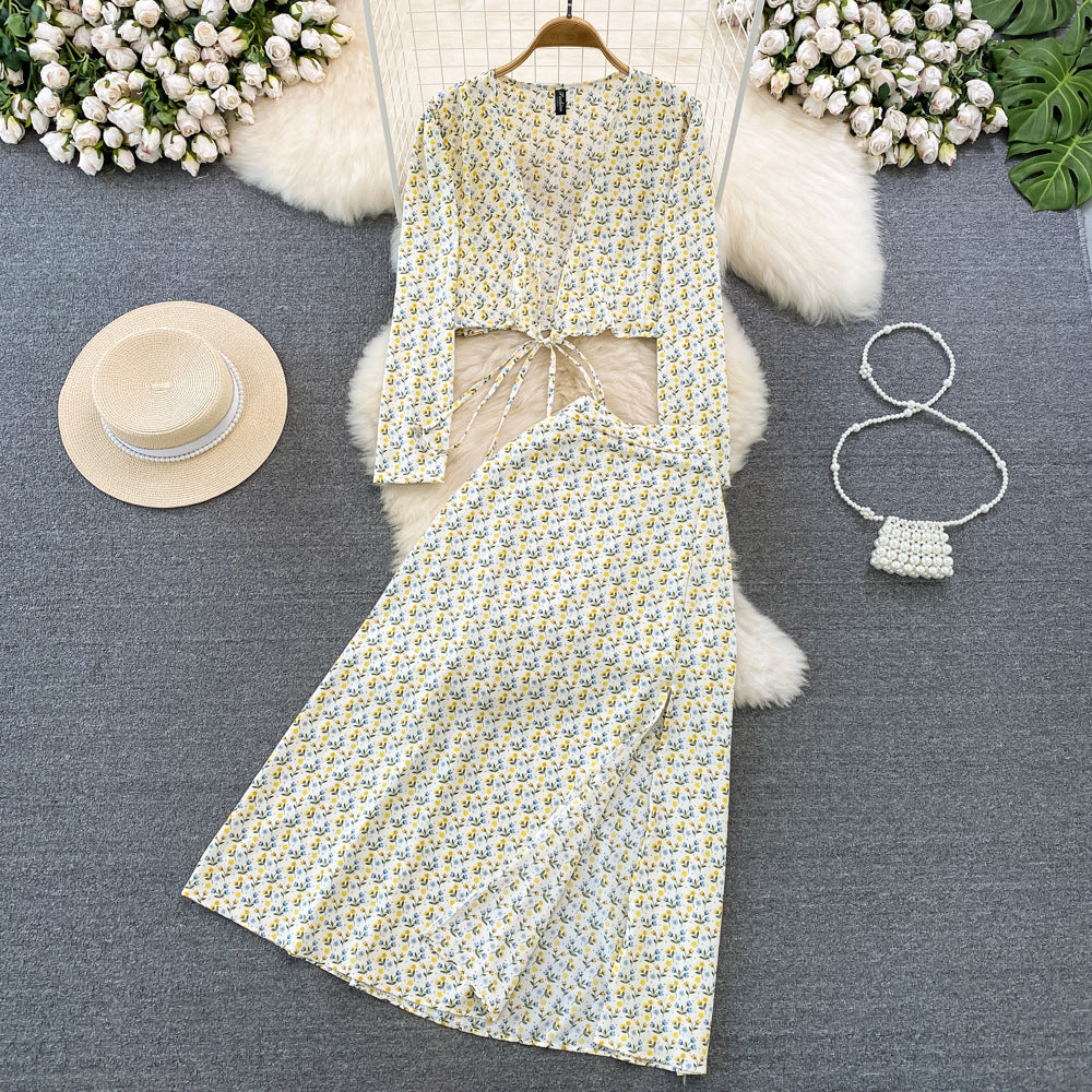 European And American-style Long-sleeve Deep V-neck Tie-up Top Two-piece Set