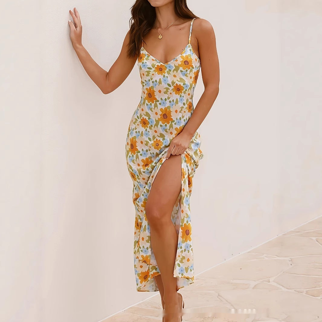 Womens Floral Dress With Thin Straps And A Slit
