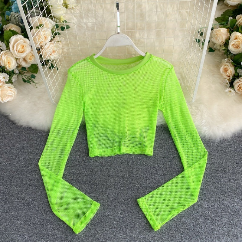 See-through Mesh Hollow Solid Color Pullover Long Sleeve