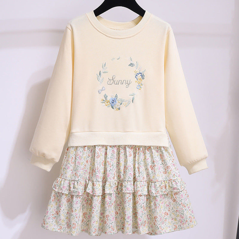 Robe de printemps à manches longues pour fille, style occidental, avec fausses coutures et motif floral