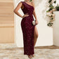 Sequined Shoulder Sleeping Beauty Split Solid Color Dress