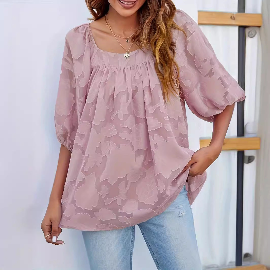 Square Collar Top Lace Floral Texture Women's Clothing