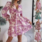Robe courte à imprimé floral, col en V, manches longues, volants, nœud papillon, coupe trapèze, vêtements pour femmes