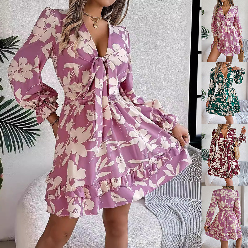 Robe courte à imprimé floral, col en V, manches longues, volants, nœud papillon, coupe trapèze, vêtements pour femmes