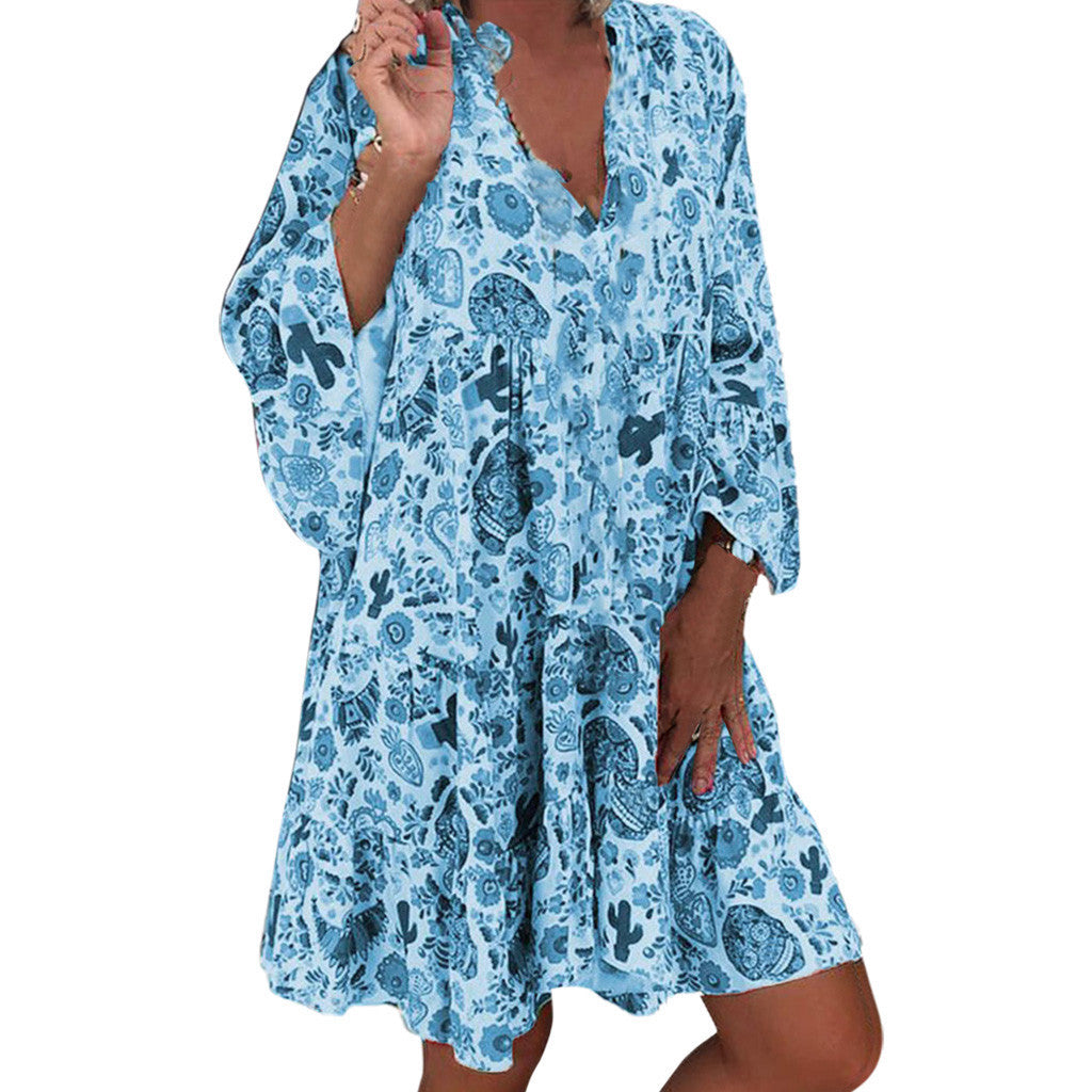 Women's printed button Ruffle shirt skirt