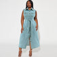 Plus Size Women's Lapel Sleeveless Denim Lace-up Long Dress