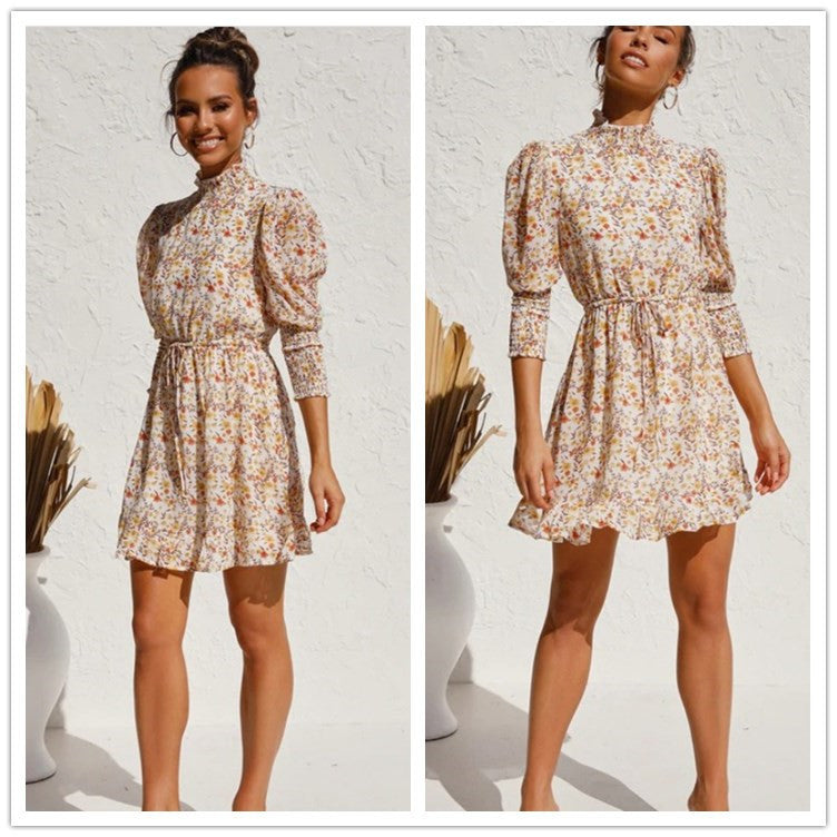Small floral elastic waist big swing dress