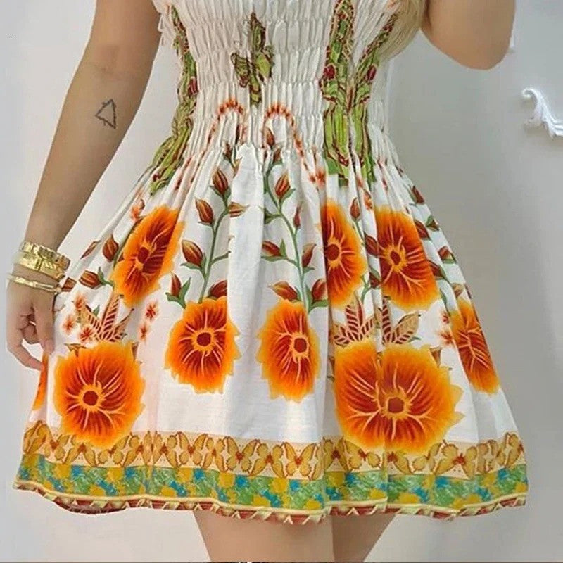 Female Positioning Printing Floral Crumpled Sling Dress