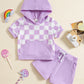 Ensemble deux pièces t-shirt à carreaux colorblock et short à capuche pour fille