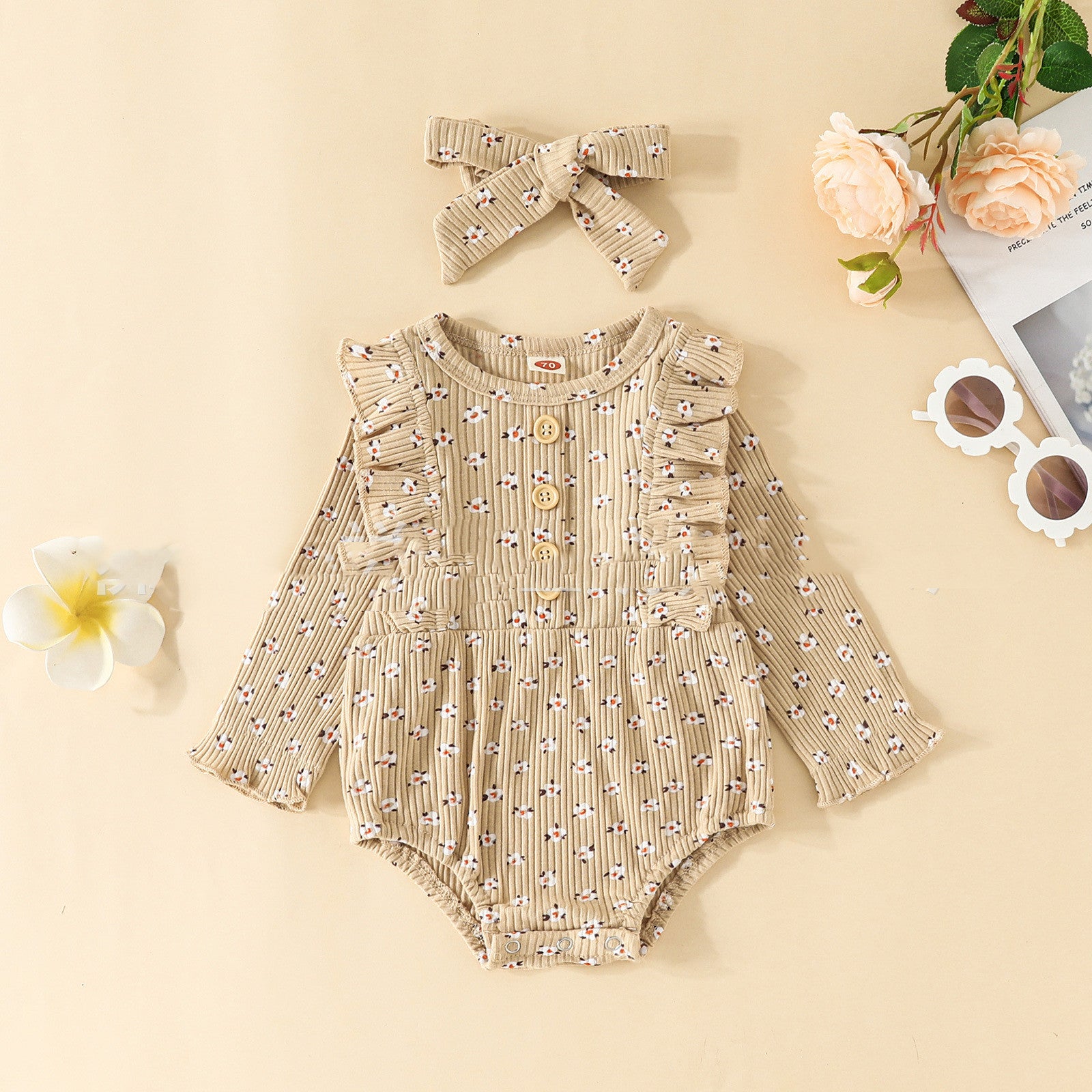 Girls' Fashion Simple Cotton Sunken Stripe Full Printing Long-sleeved Triangle Romper