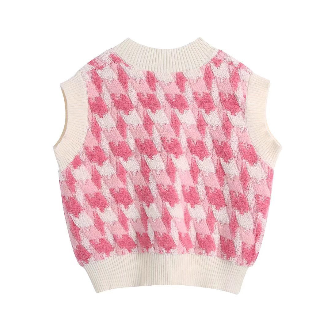 Women's V-Neck Sleeveless Check Pullover Knit Vest