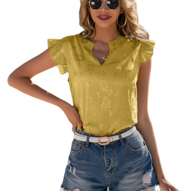 Satin V-neck Lotus Leaf Sleeve Pullover Shirt