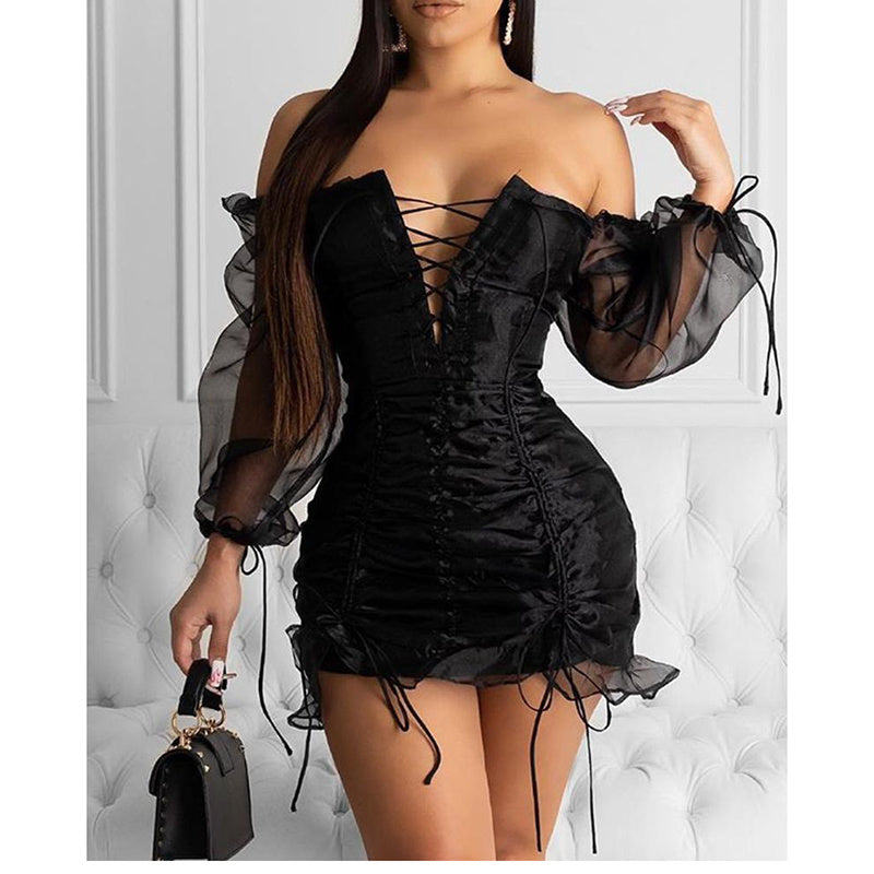 Women's black party dress with mesh lace
