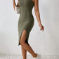 Rib Fabric Slit Solid Color Sling Slim Fit Long Dress
