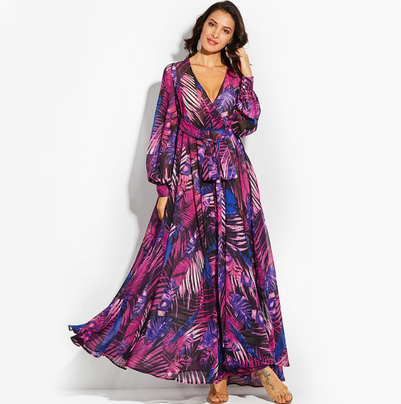 Summer Amazon New Lantern Sleeve V-neck Green Leaf Print Sk