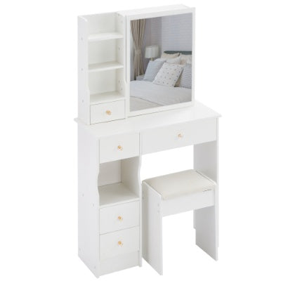 29.2 Small Space Left Drawer Desktop Vanity Table  Cushioned Stool, Extra Large Right Sliding Mirror, Multi Layer High Capacity Storage, Practical Fashionable Dresser, Suitable For Small Space