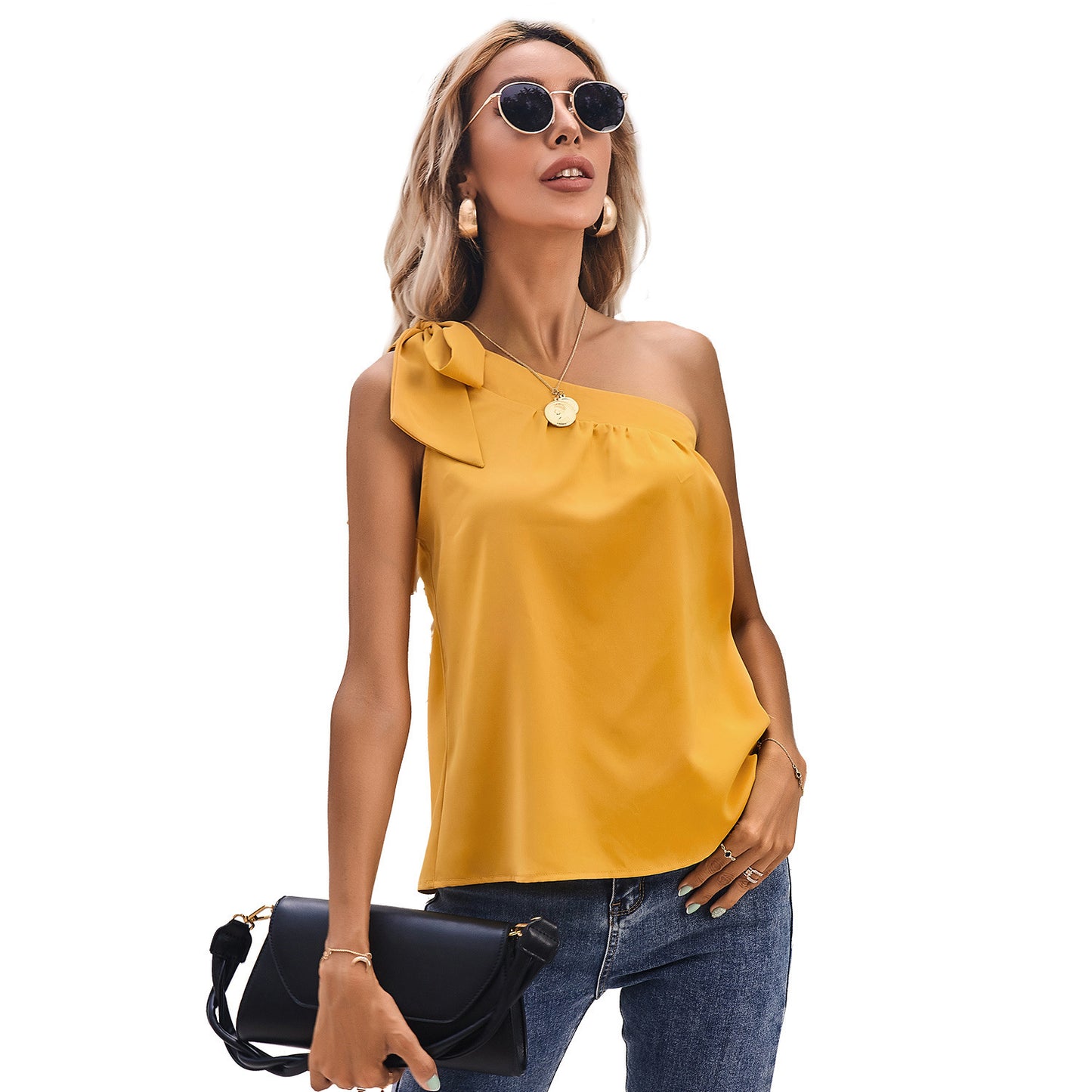 Women's Fashion Slanted Shoulder Bow Shirt Top