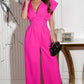 V-neck Solid Color Waist Tight Jumpsuit