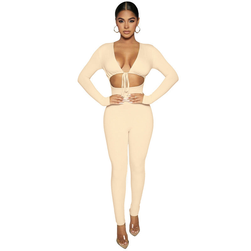 Solid Color Lace-up Hollow Long-sleeved Skinny Jumpsuit