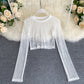See-through Mesh Hollow Solid Color Pullover Long Sleeve