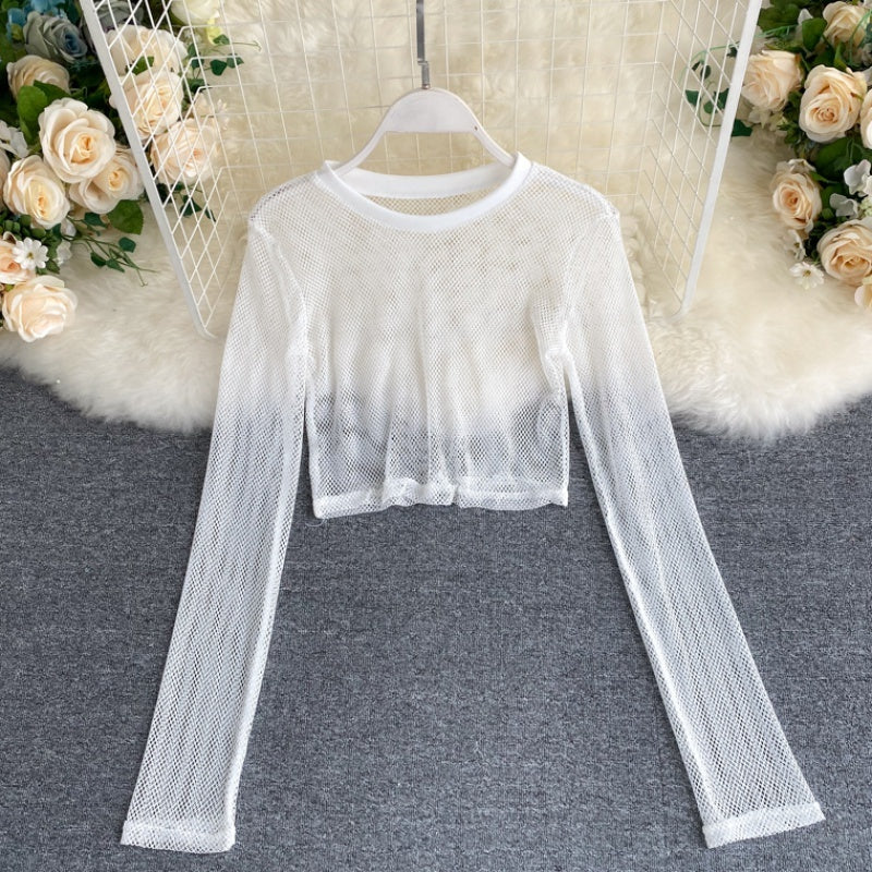 See-through Mesh Hollow Solid Color Pullover Long Sleeve