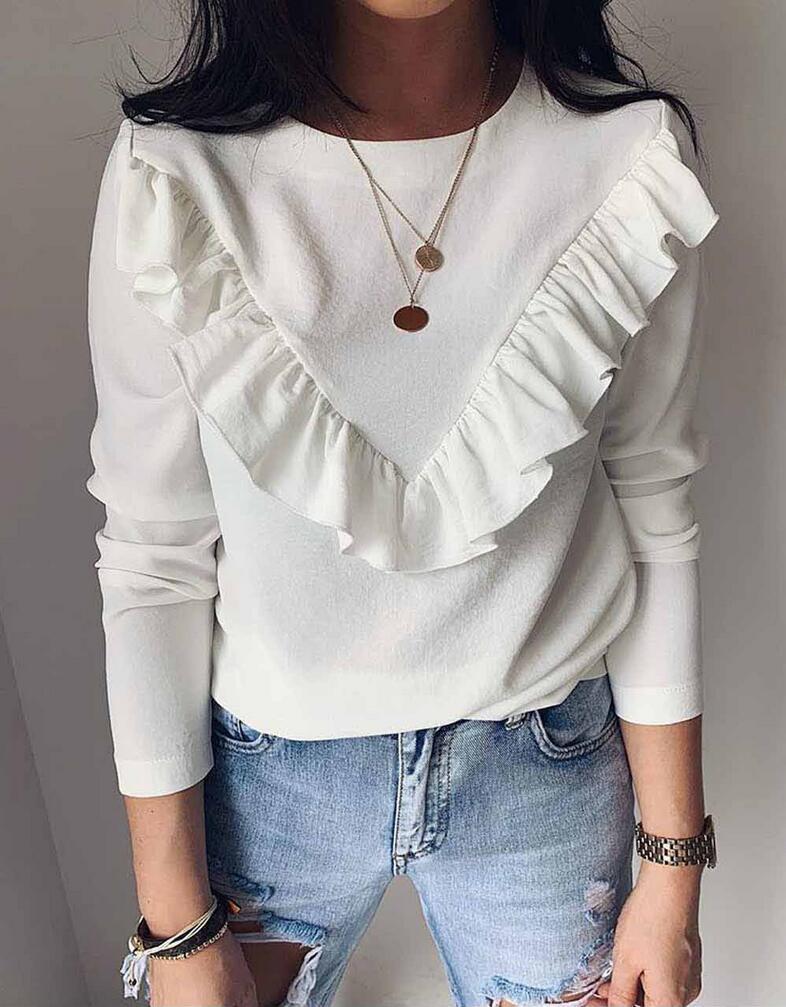 Ruffled round neck long sleeve top