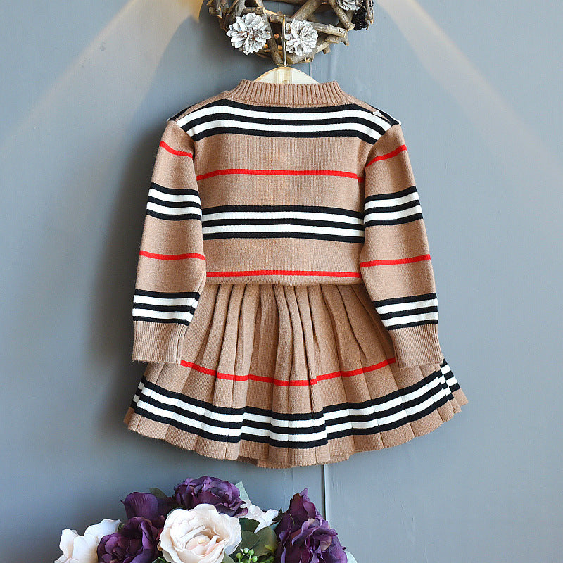 Ensemble jupe plissée rayée en tricot et pull pour fille