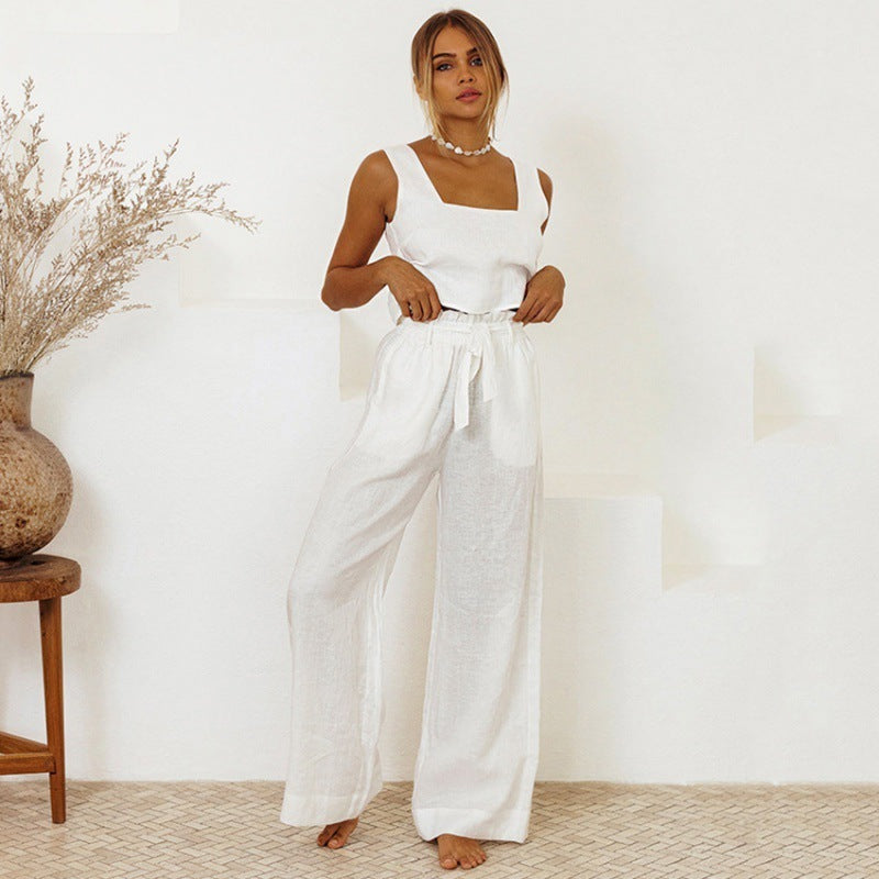 Gilet en coton et lin en gros, pantalon sans manches, tenue ample, costume tendance