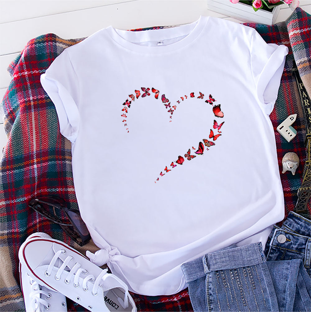 Butterfly Love Heart Shape Print Short Sleeve