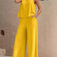 Solid Color Summer Slacks Suit, V-neck Vest And Wide-leg Pants Outfit