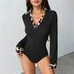 Long-sleeve Patchwork Leopard-print Mock-neck Knit Bodysuit