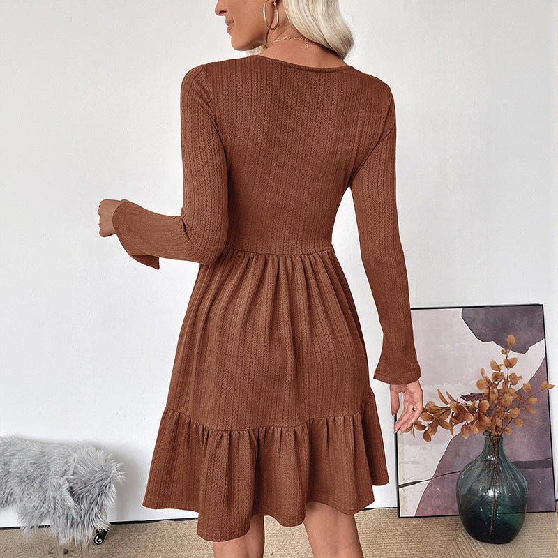 Trimming Knitted Solid Color Square Collar A- Line Dress