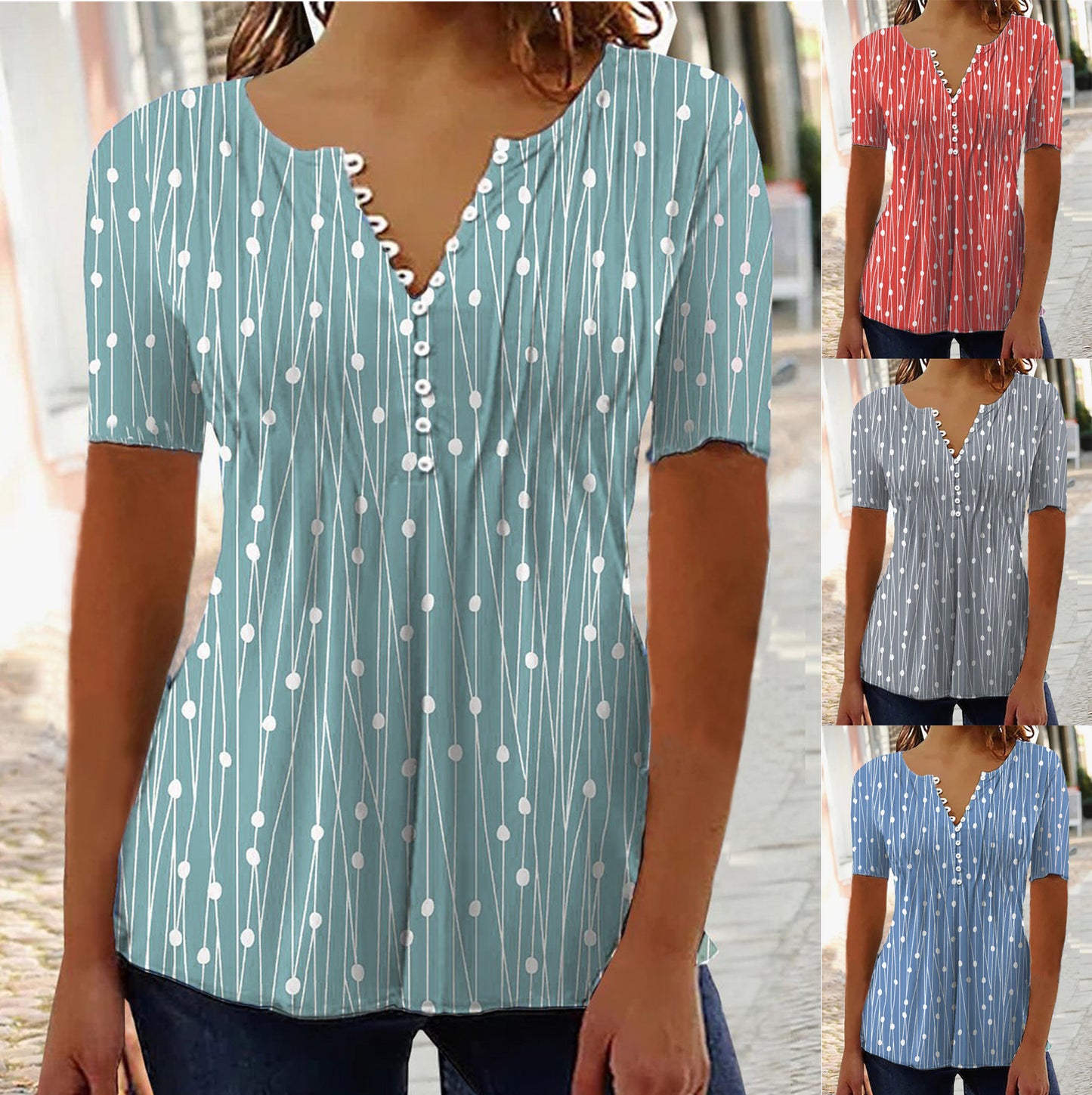 Chemise d'été à manches courtes et col en V pour femme