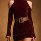 Burgundy Velvet High-neck Off-shoulder Dress