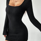 Women's Square-neck Ribbed Long-sleeve Slim-fit Solid-color Dress