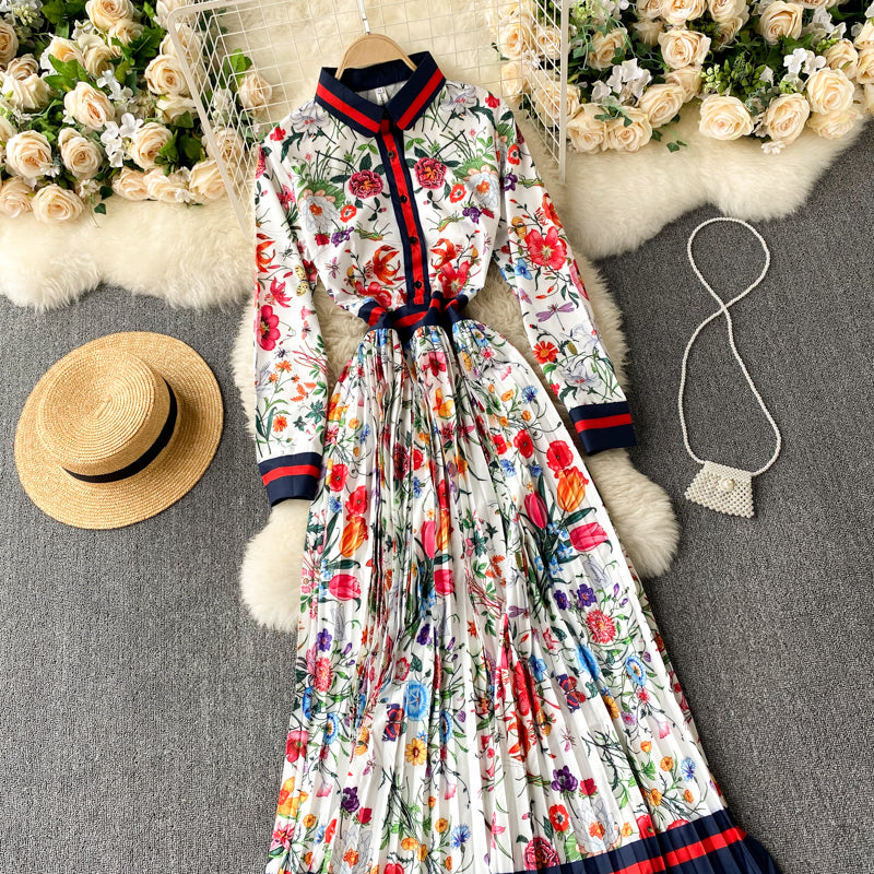 Women's Pleated Printed Dress Long Skirt