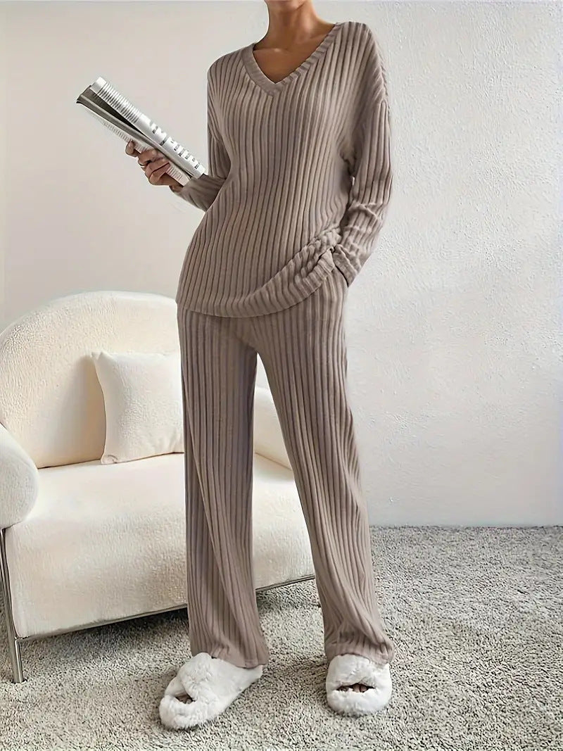 Straight-leg Pants With A Loose And Elegant V-neck Ribbed Two-piece Set