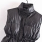 Fashion All-match Drawstring Waist Slimming Faux Leather Waistcoat Cotton Jacket