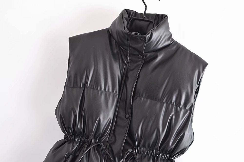 Fashion All-match Drawstring Waist Slimming Faux Leather Waistcoat Cotton Jacket