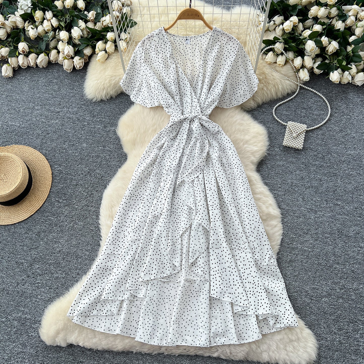 Cross V-Neck Short-Sleeve Irregular Dress Womens