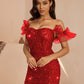 Womens Solid-Color Sequin Ruffle Hem Bodycon Slimming Mini Dress