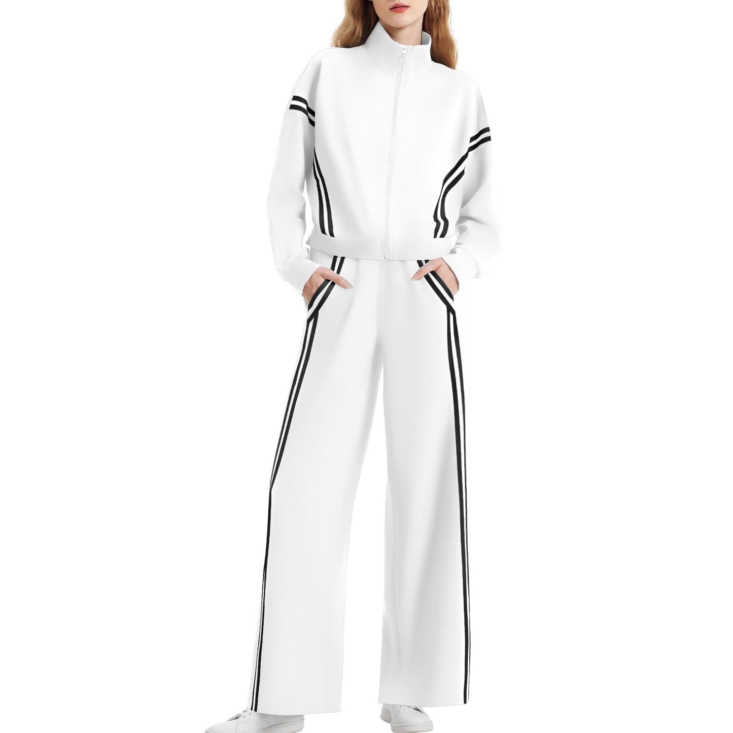 Double Striped Long-sleeve Zipper Pants Pocket Sports Suit