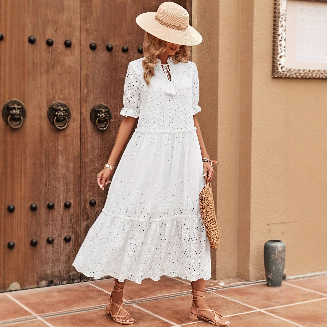 Cross-tie Spliced Long A-line Dress Elegant And Office-appropriate