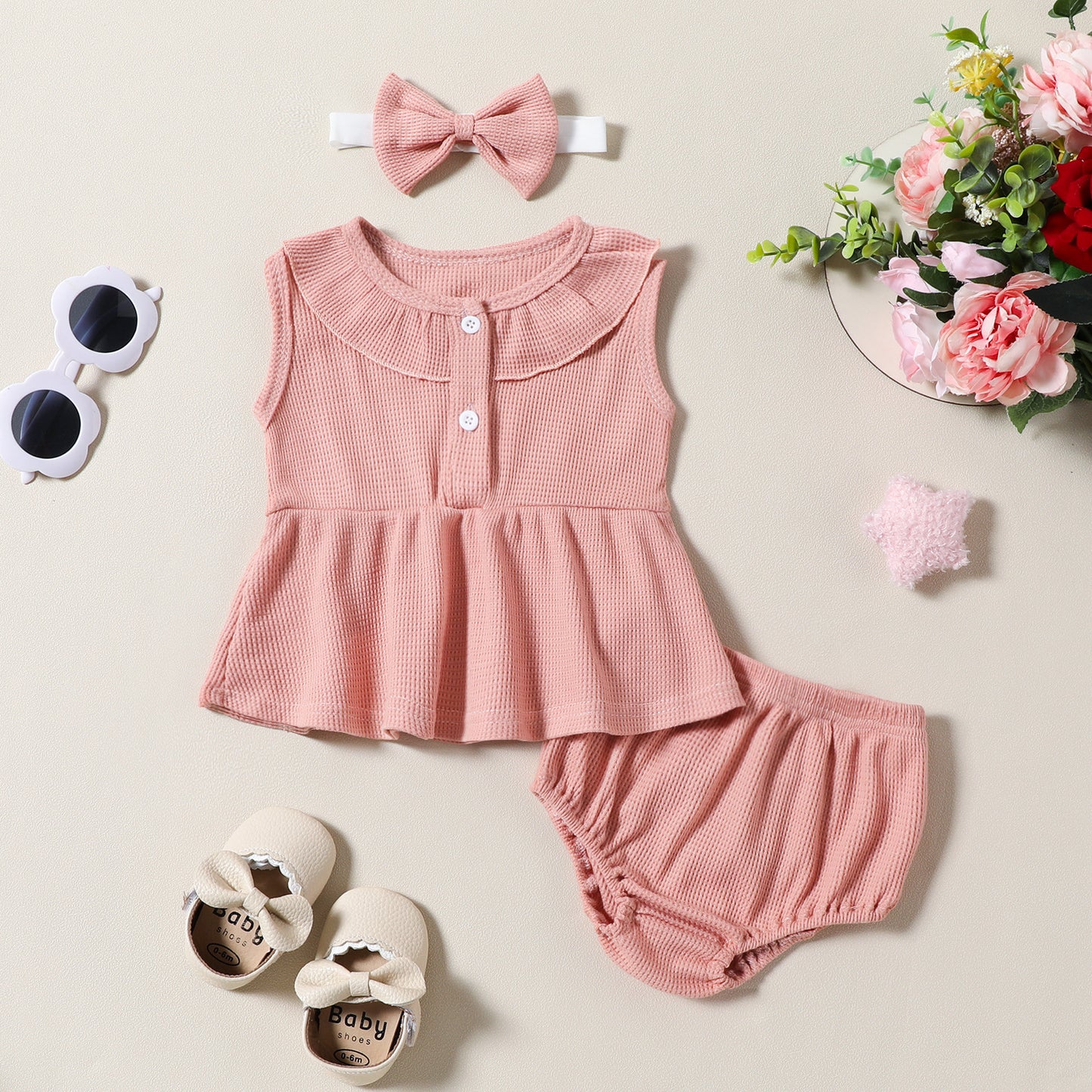 Ensemble trois pièces pour fille, robe sans manches, haut, short, coiffe, motif gaufré