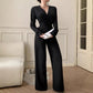 Womens Elegant, Sophisticated Solid-Color Long-Sleeve V-Neck Jumpsuit