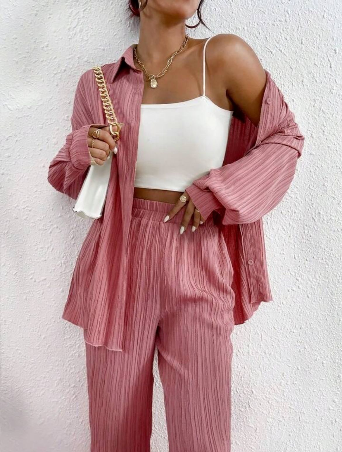 European And American Women's Clothing Solid Color Loose Drooping Smooth Pleated Casual Two-piece Suit