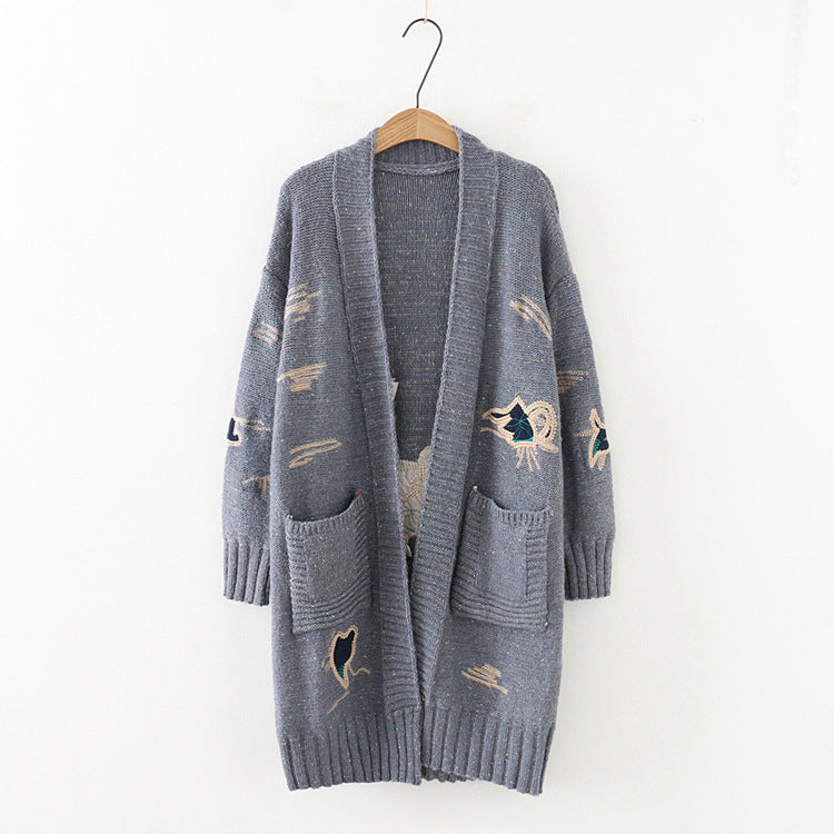 Large Size Embroidery Knitted Long Cardigan Casual Loose Jacket