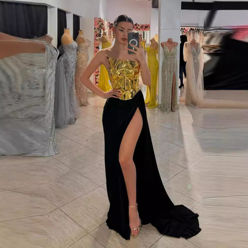 One-shoulder Leather Top Slit Mop Black Dress Two-piece Set Lacing Backless Light Dress