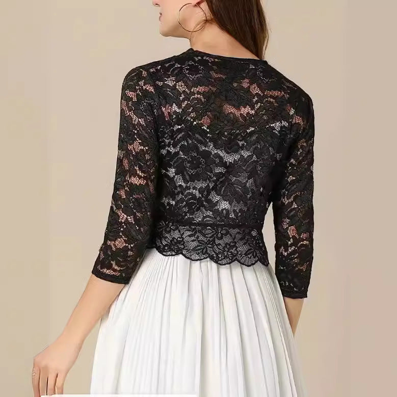 Ladies' Vest Short Collarless Cardigan Top Solid Color Elegant Lace Shirt