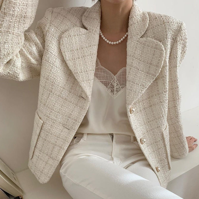 Pearl ButtonLoose Pocket Quilted Tweed Short Coat